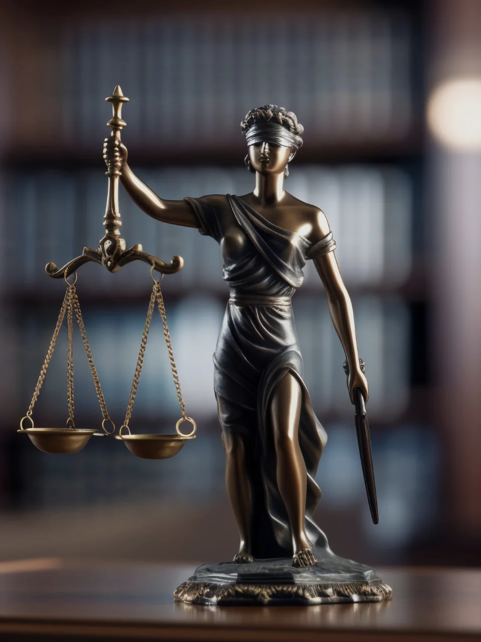 Estátua da Justiça em biblioteca jurídica — Advocacia Macedo